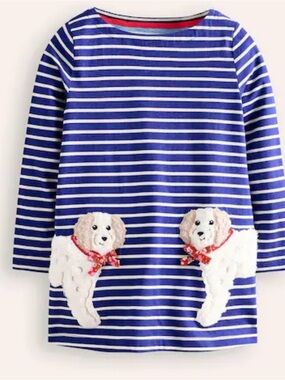 Mini Boden Blue Striped Dog Appliqué Dress Sz 6-7